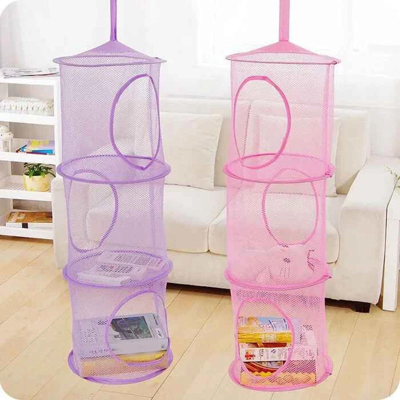 Description Picture 5 of itemFoldable 3 Shelf Hanging Storage Net Kids Toy Organizer Bag Cylindrical Storage Basket for Home Wall Door Closet Store