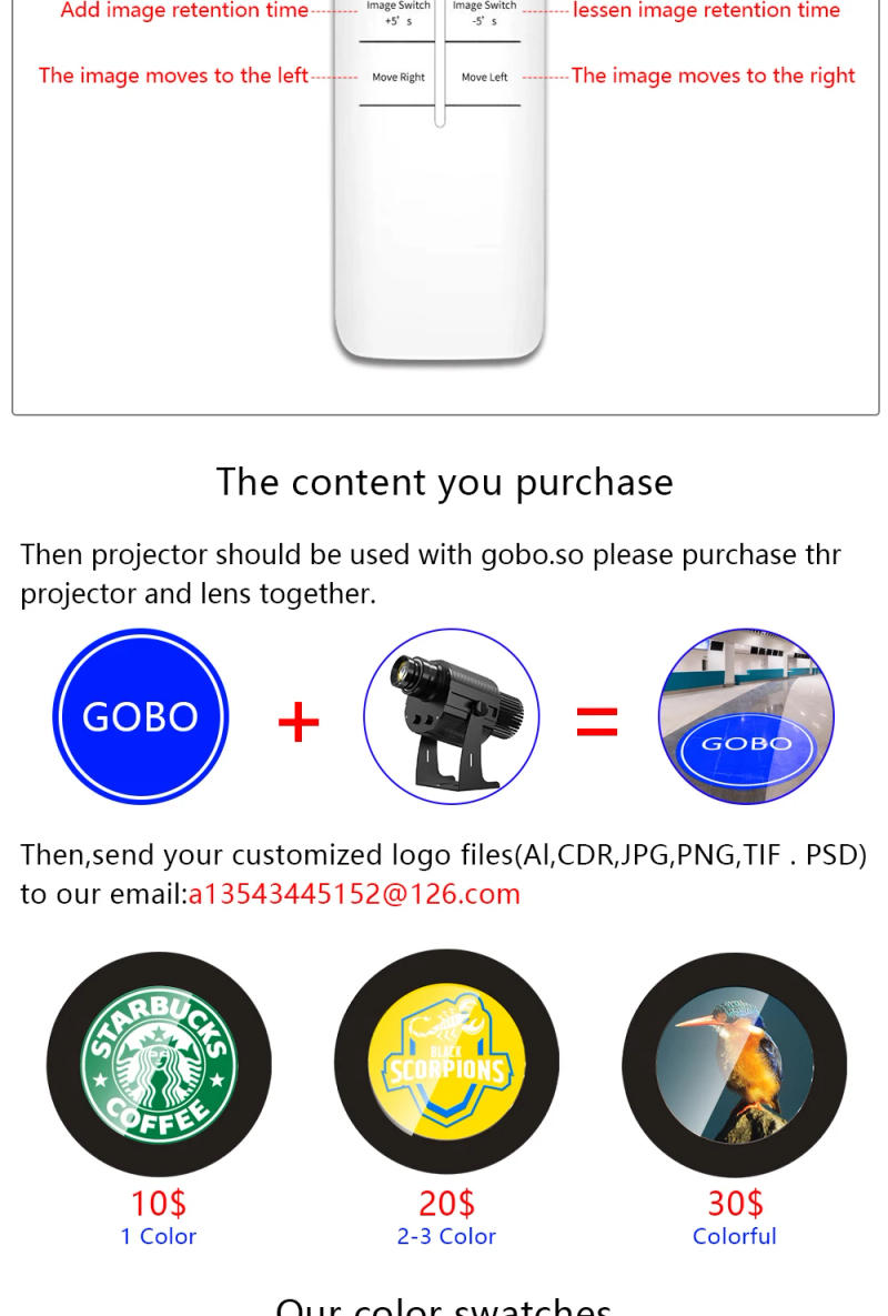 Description Picture 4 of itemCustom HD Four Image Indoor Door Head Outdoor ip67 Waterproof Rotating Advertising  Projection Lamp Gobo Logo Projector