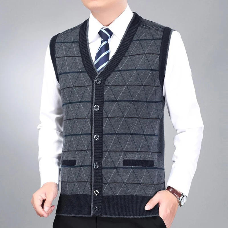 Description Picture 6 of itemMen 19.7% Wool Knit Vest Buttons Down Basic Sweater Cardigan Sleeveless Jacket Plaids Vintage for Autumn Winter V Neck 00290