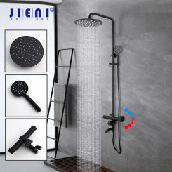 JIENI Matte Black Bathroom Shower Mixer Faucet Set Wall Mount Rainfall Round Adjustable Hand Shower Thermostatic Temperature Set