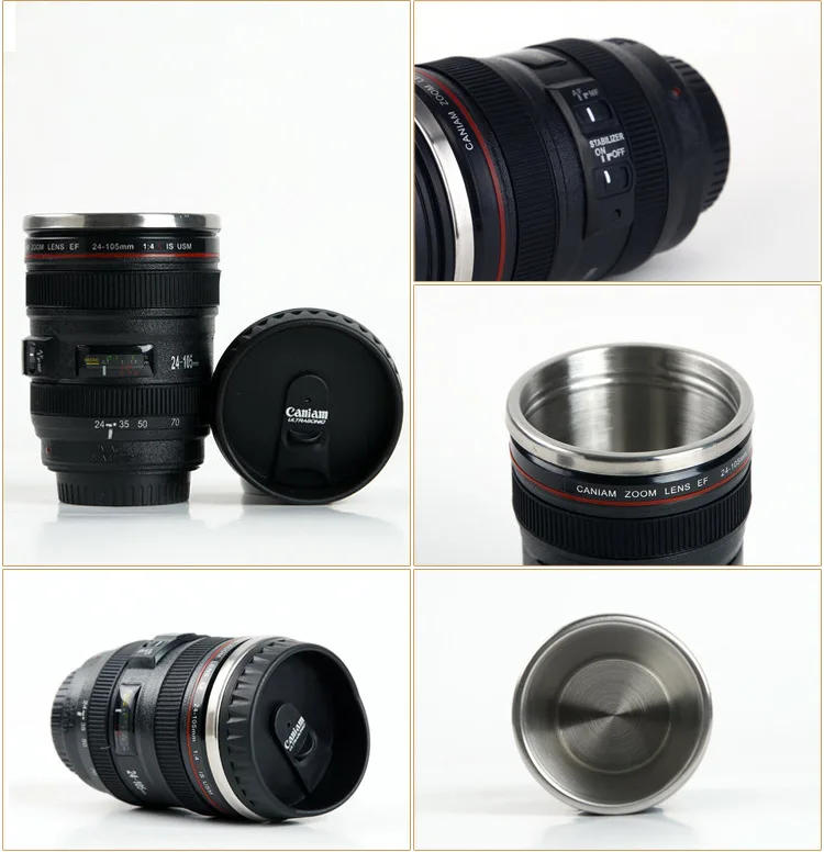 Description Picture 2 of itemNew 24-105MM Lens THERMOS Camera Travel Coffee Tea Cup Mug Lens Creative Cup Stainless Steel Brushed Liner Black