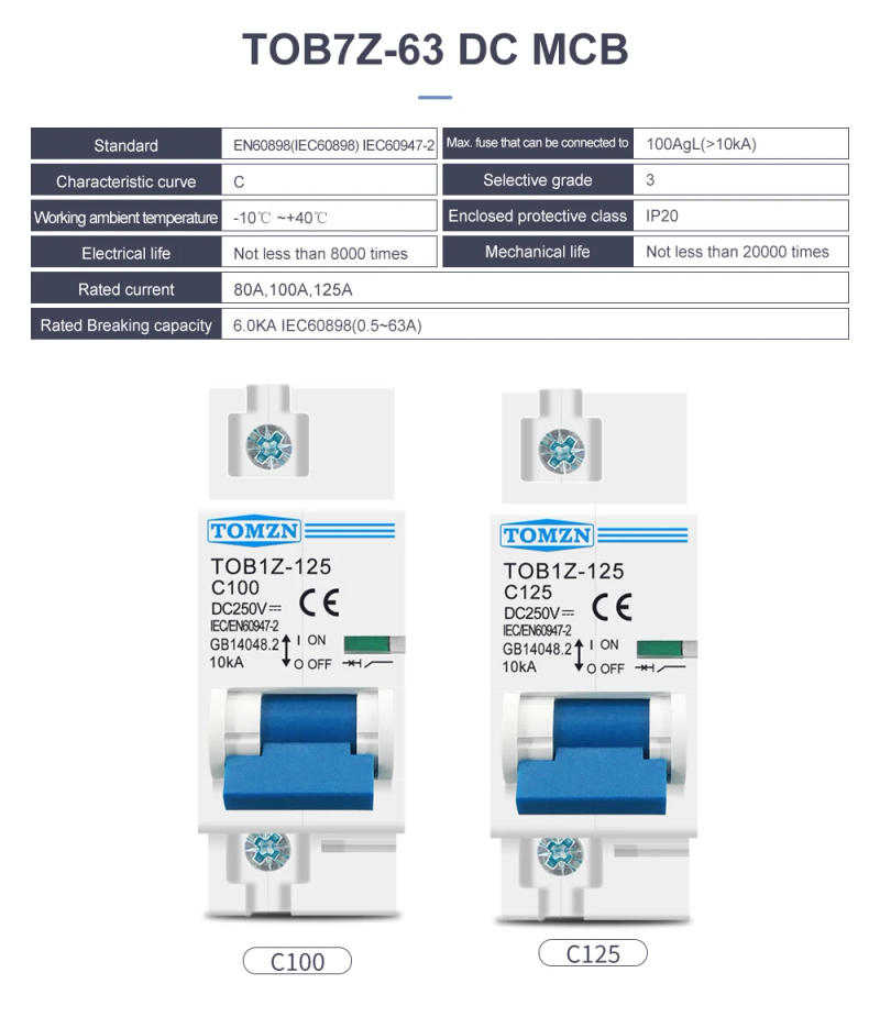 Description Picture 4 of item1P 80A 100A 125A DC MCB 250V Circuit breaker FOR PV System