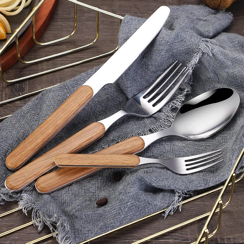 Description Picture 6 of itemJapanese Style Stainless Steel Cutlery Wooden Handle Vintage Tableware Dinnerware Spoon Fork Knife for Home Kitchen Gadgets