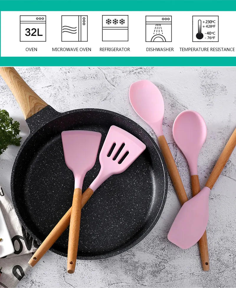 Description Picture 6 of itemYOMDID Food Grade Silicone Kitchen Cooking Utensils Practical Cooking Tools Turner Spatula Spoon With Wooden Handle Kitchenware