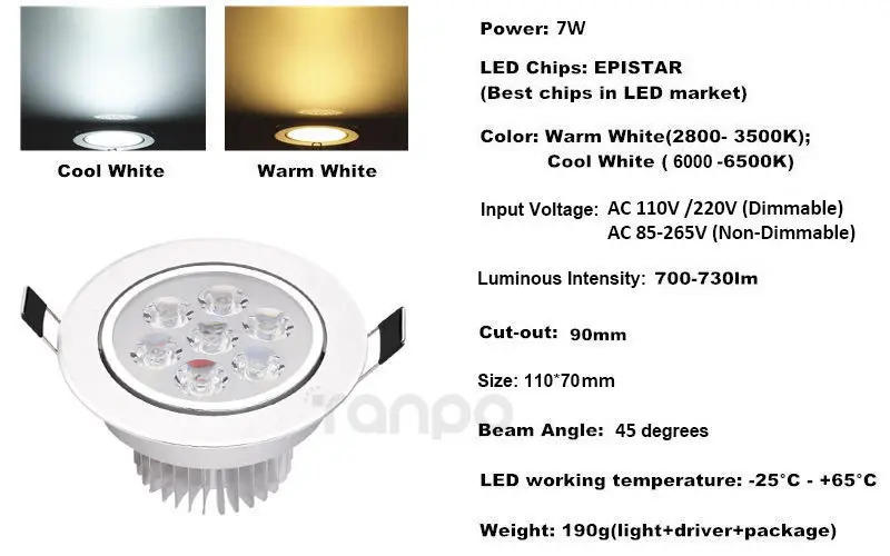 Description Picture 5 of item3W 5W 7W 9W 12W 15W 18W LED Recessed Ceiling Down Light White Lamp AC 220V 110V Downlight Spotlight for Home Living Room Hotel