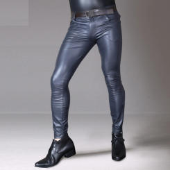 Sexy Men Booty Lift Peach Buttock Pencil Pants Matt Oil Glossy Faux PU Leather Elastic Bootcut Stage Play Juniors Pencil Pants