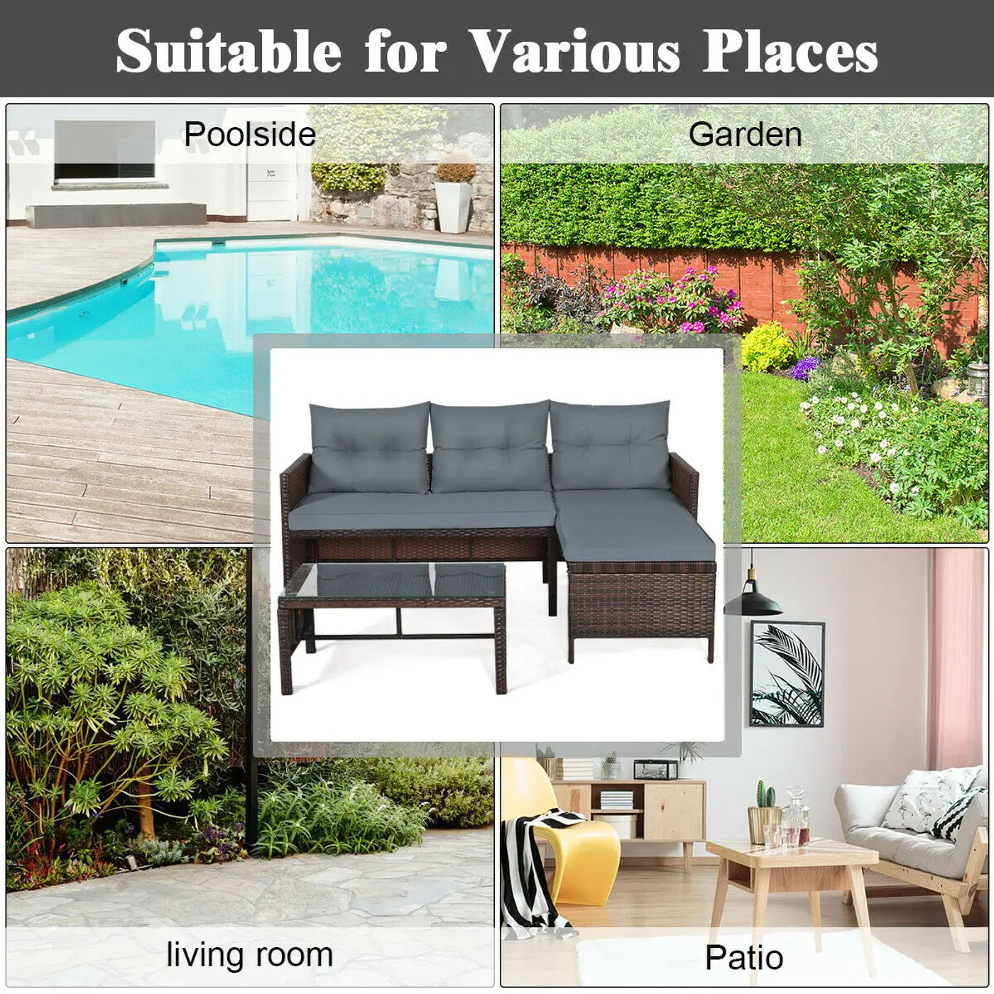 Description Picture 4 of itemCostway 3PCS Patio Wicker Rattan Sofa Set Outdoor Sectional Conversation Set Garden Lawn HW63870