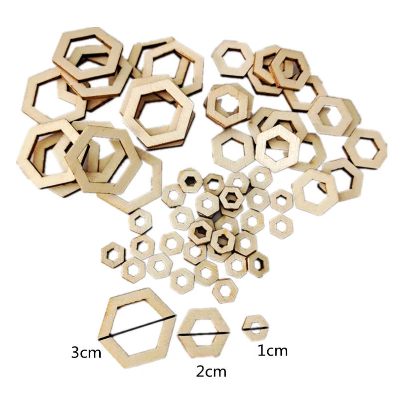 Description Picture 2 of item100pcs Unfinished Wood Hexagon Natural Unpainted Wood Hexagon Cutout Shape Wood Hexagon Slices Embellishments Ornaments