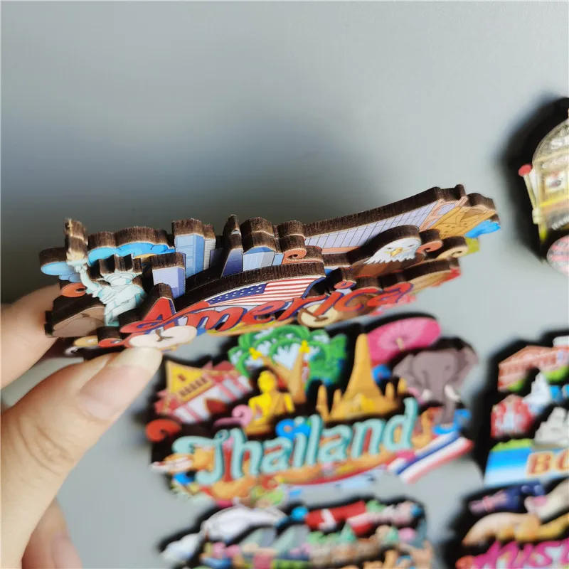 Description Picture 2 of itemWooden Refrigerator Magnet Travel Souvenir United States Barcelona Russia Canada Thailand Denmark Magnetic Fridge Sticker