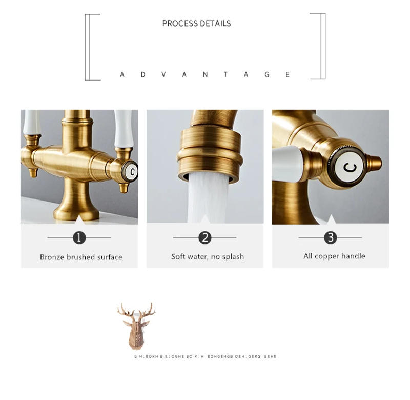 Description Picture 4 of itemBrass Faucet Kitchen Cold and Hot Water Deck Mounted Basin Retro Faucet Dual Handle Single Hole Rotatable Water Tap Kitchen