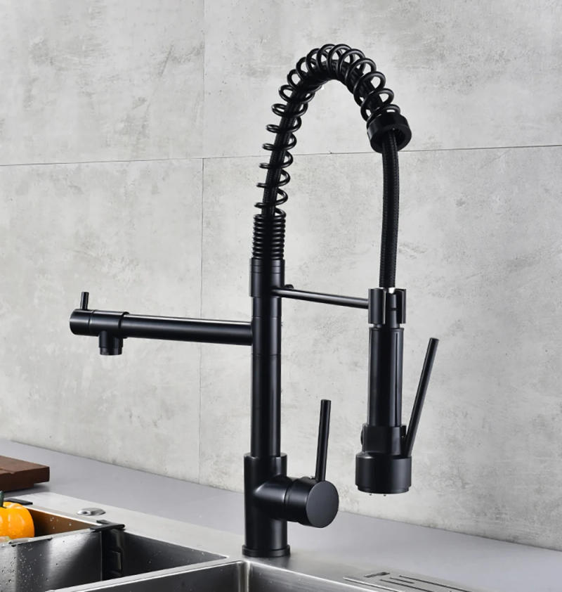 Description Picture 3 of itemDQOK Black Brushed Spring Pull Down Kitchen Sink Faucet Hot & Cold Water Mixer Crane Tap with Dual Spout Deck Mounted