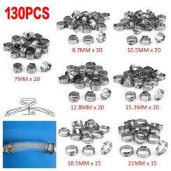 130PCS Stainless Steel Single Ear Hose Clamp 5.8-21mm Crimp Hose Clamp Assortment Kit