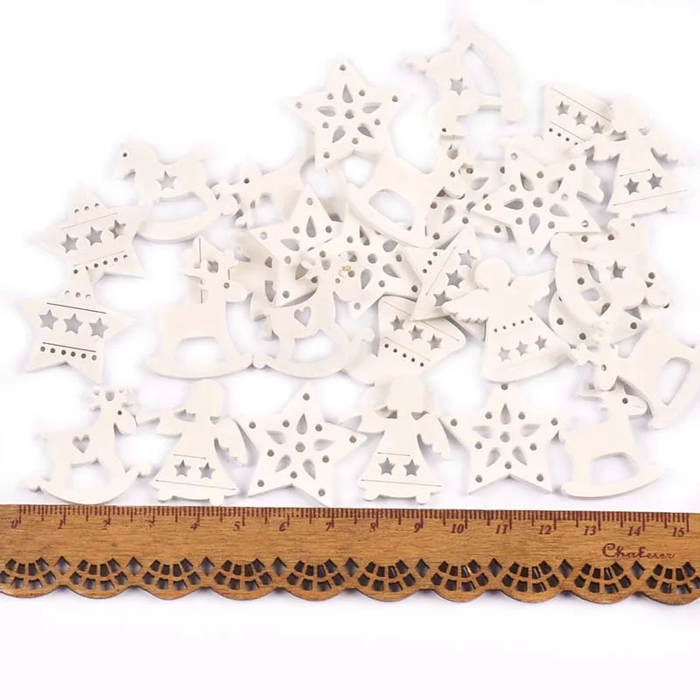 Description Picture 2 of item50Pcs White Angels/Stars/Reindeer Wood Crafts DIY Scrapbooking Christmas Ornaments For Xmas Tree Party Home Decoration M2262