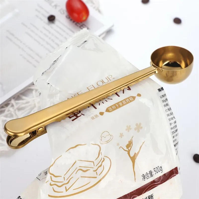 Description Picture 2 of itemGold Silver Multifunction Kitchen Supplies Coffee Scoop With Clip Stainless Steel Tea Measuring Cup Scoop Spoons