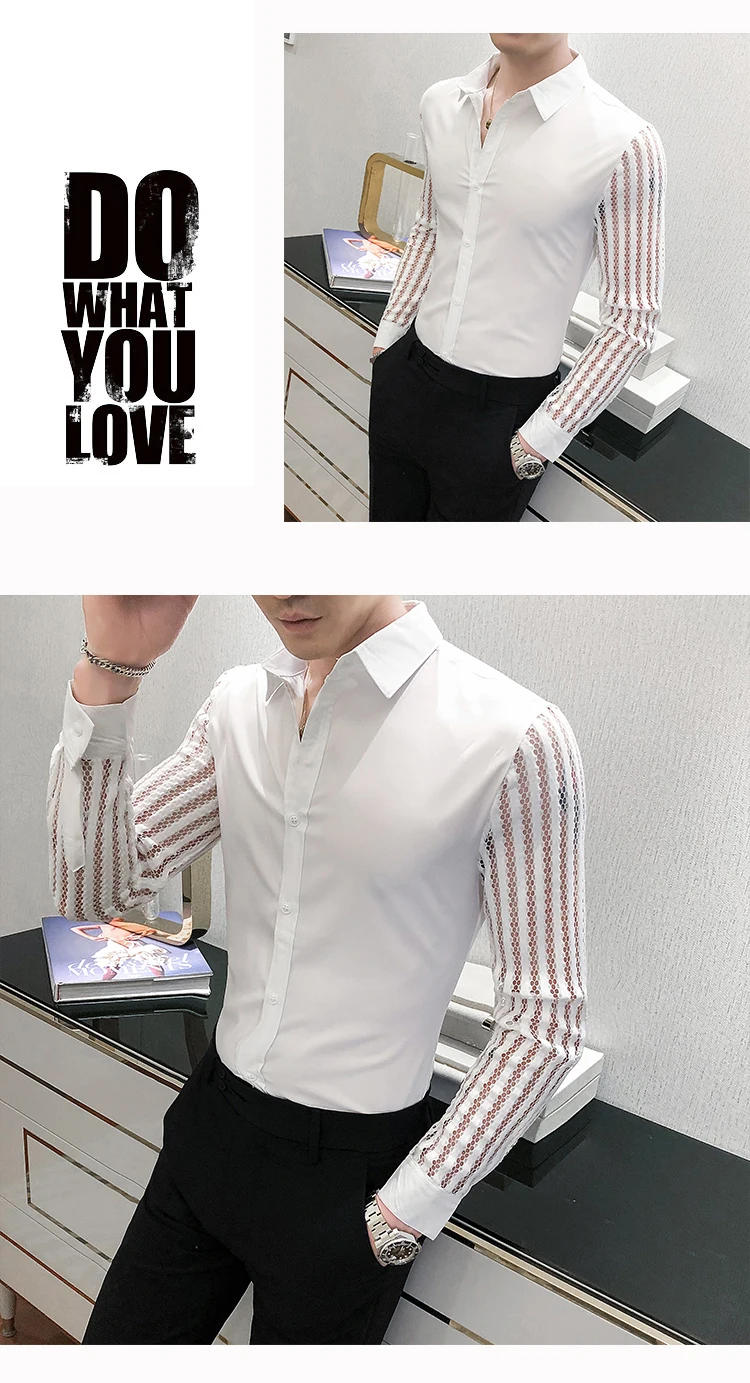 Description Picture 6 of item2021 New Men Lace Perspective Shirt Party Prom Hollow Lace Patchwork Long Sleeve Tuxedo Shirt Nightclub Casual Social Shirt