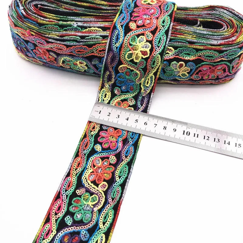 Description Picture 2 of itemEmbroidered Lace Trims with Sequins, Ethnic Ribbon, Webbing Tapes for Clothes Shoes Decor DIY Sewing, Jacquard Applique, 1 Yards