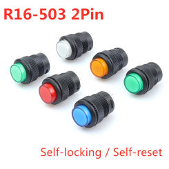 5Pcs R16-503 Key Button Switch Jog Reset Self-locking Switch Round 2 Pin 16MM without Light