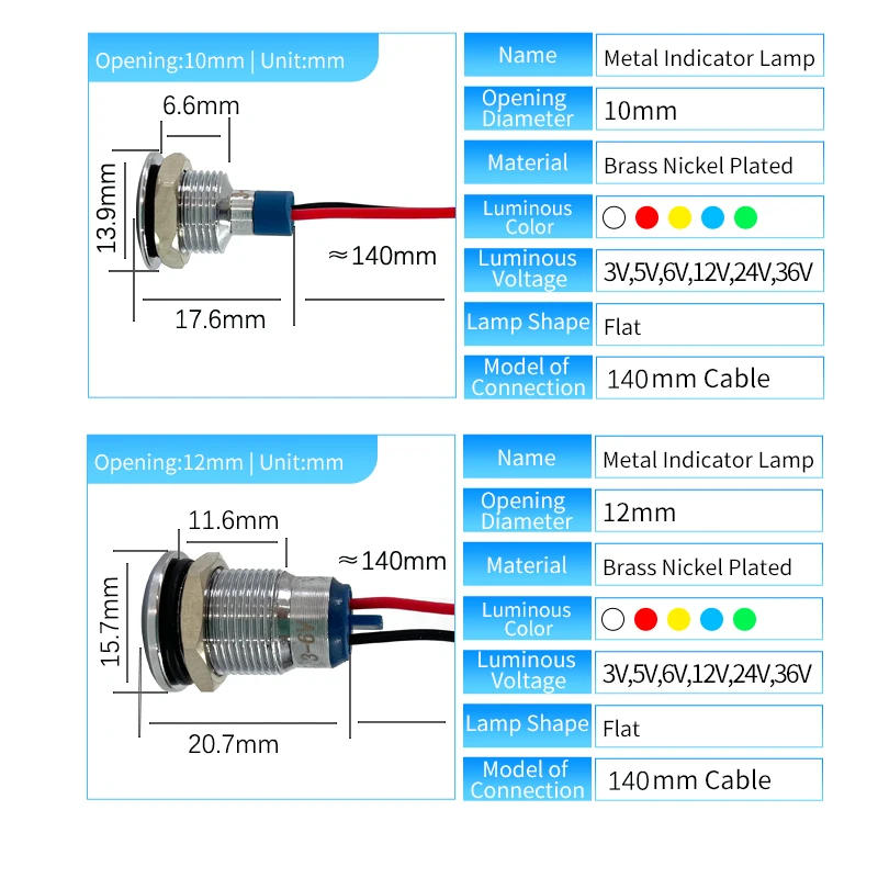 Description Picture 5 of item6mm 8mm 10mm 12mm 16mm Metal LED Warning indicator light Waterproof IP67 Signal Lamp Pilot Wires switch 3V 5V 12V 220V Red Blue