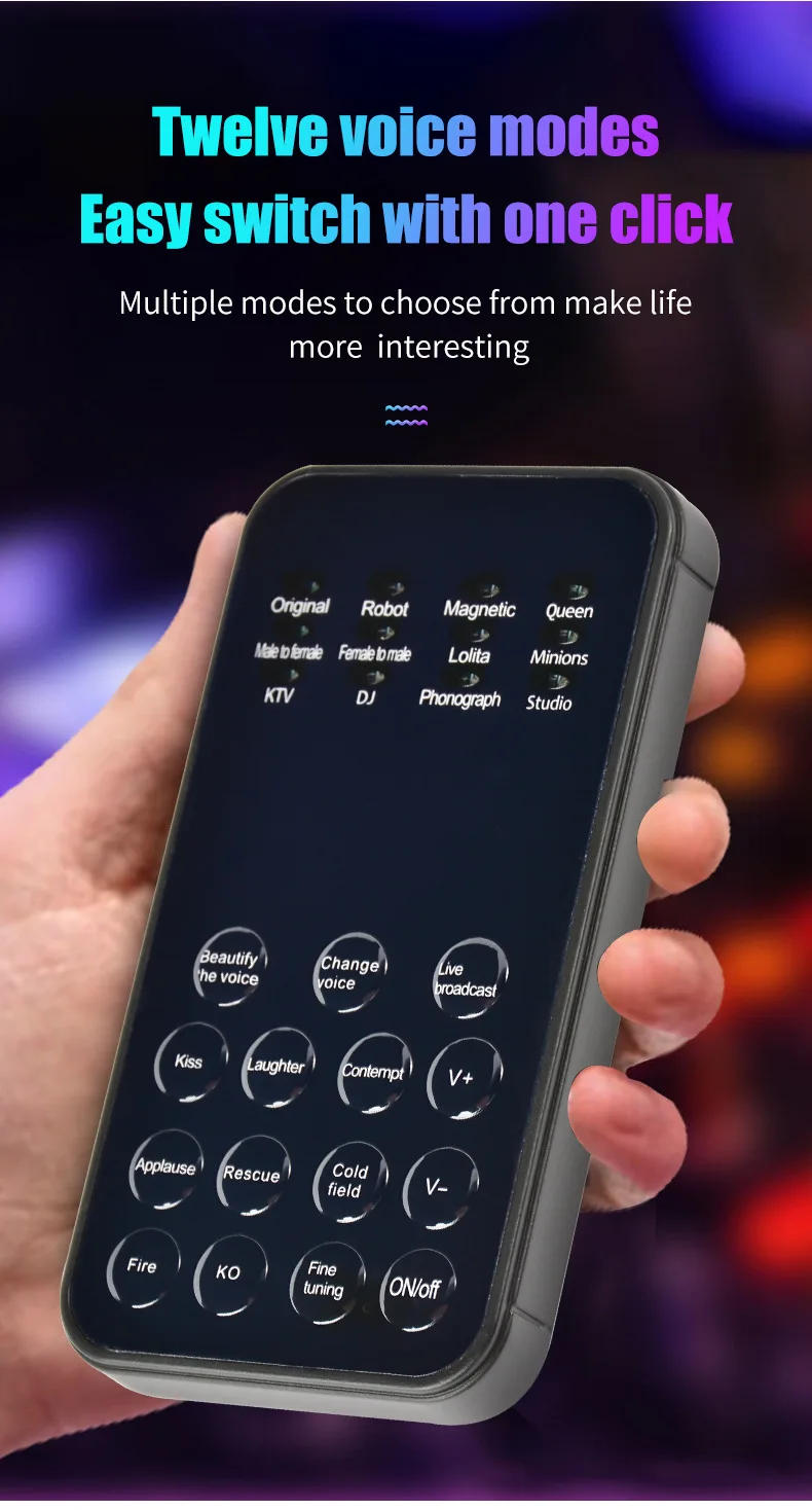 Description Picture 4 of item12 Voice Modes Changer Live Gaming Streaming Sound Changes Microphone Mini Portable Voice Modulator for Phone PC Tablet Laptop