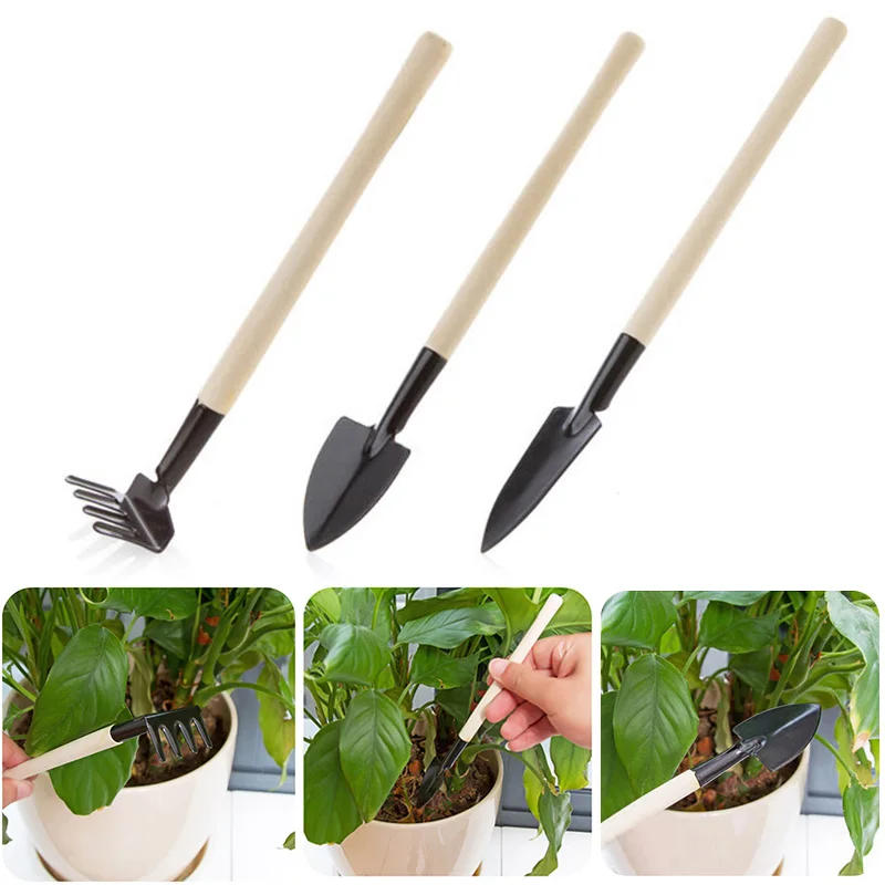 Description Picture 2 of item3pcs/set Mini Shovel Rake Set Wooden Handle Metal Head Shovel For Flowers Potted Plants Mini Garden Tool Seed Disseminators