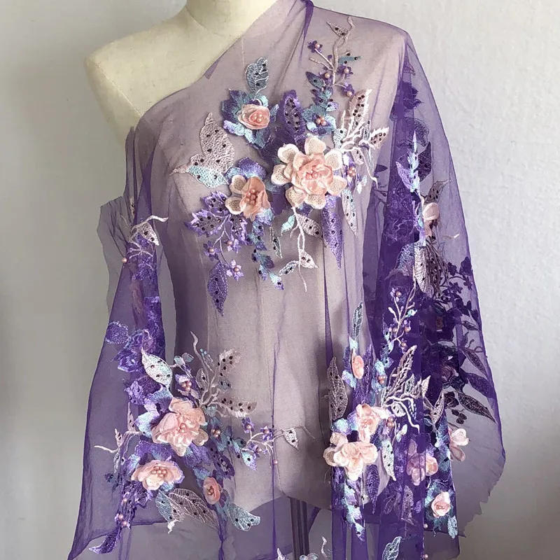 Description Picture 5 of item1Pc Colorful Lace Fabric Embroidered Wedding Gown Appliques Baroque Trims Collar Mesh Sew On Patches For Dress DIY Decoration