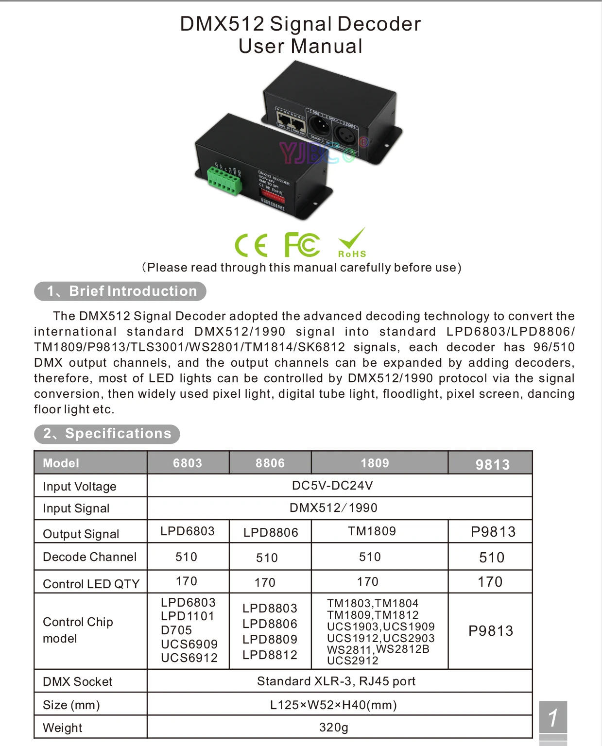 Description Picture 3 of itemBC-802 5V 12V 24V DMX512 TTL Signal Decoder LPD6803/LPD8806/WS2801/SK6812/TM1814 IC pixel Light LED Controller DMX Convertor