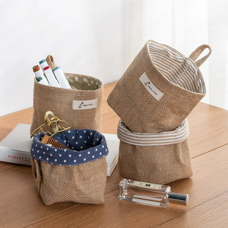 Description Picture 2 of itemHanging Storage Bag Fabric Jute Desktop Storage Bucket Home Office Organizer Flower Pot Small Sack Bathroom Kitchen Basket