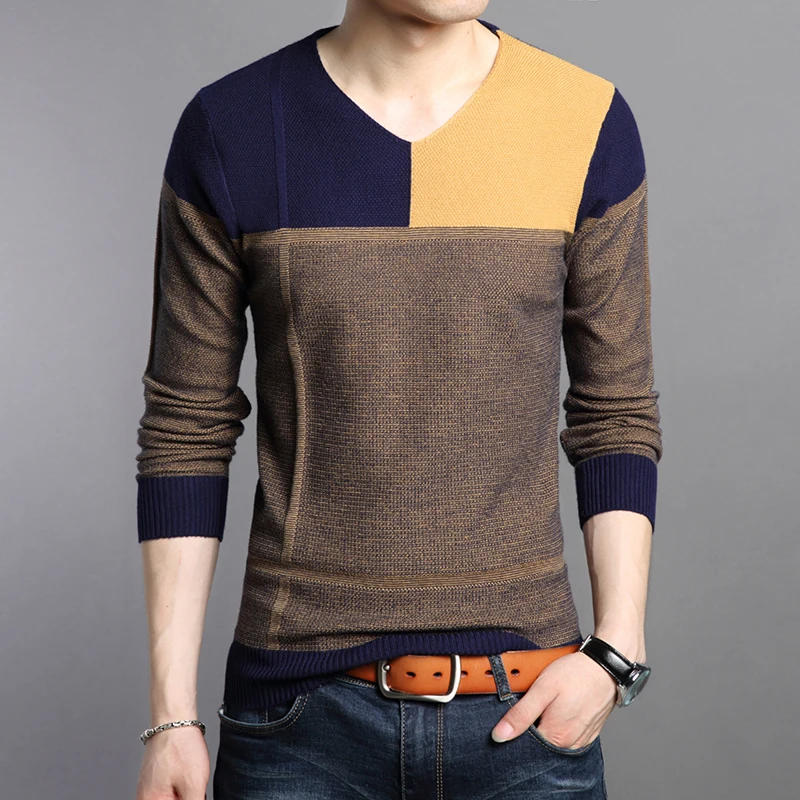 Description Picture 4 of itemKnitted Sweater for Men Autumn Casual Patchwork Men's Sweater Fashion Slim Pullover Men V-neck Long Sleeve Mens Clothing