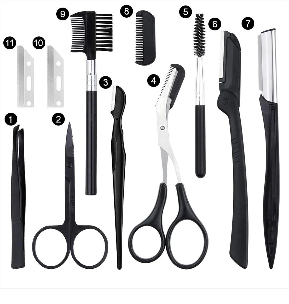 Description Picture 3 of item4/6/8/11Pcs Professional Eyebrow Trimmer Set Scissors Tweezers Eyebrow Scraping Comb Clip Forceps Cosmetic Eyebrows Makeup Tools
