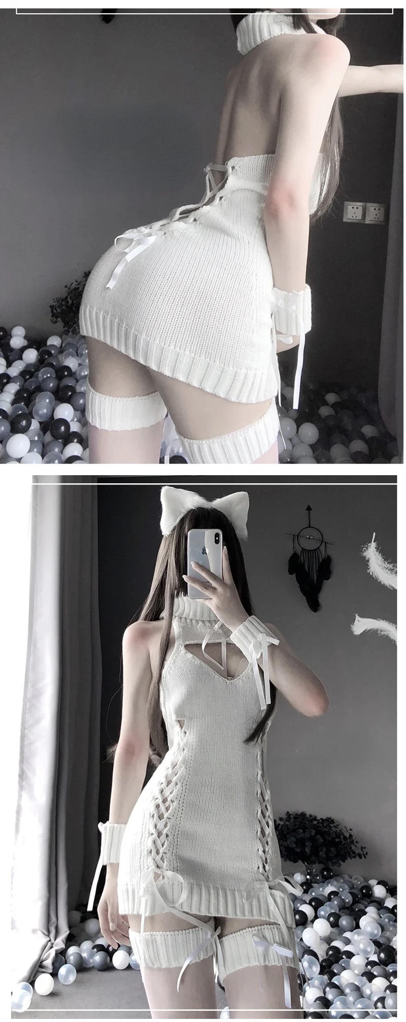 Description Picture 6 of itemFORERUN Turtleneck Virgin Killer Sweater Women Lace Up Sexy Backless Sleeveless Cut Out Knitted Pullovers