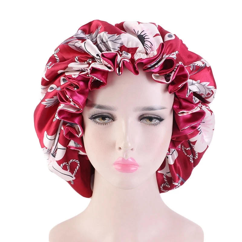 Description Picture 5 of itemLarge Satin Linned Bonnet Sleep Caps Double-sided Reversible Bonnet Hat Silky Night Sleep Cover Cap Ladies Hair Styling Tool