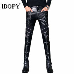 Idopy Men`s Pleather Pants Punk Style Skinny Night Club Party Stage Performance Steampunk Faux PU Leather Trousers For Male