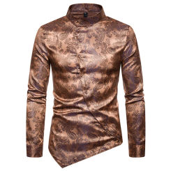 Spring Autumn Irregular Shirts Men Irregular Glossy Floral Printed Stand Collar Long Sleeve Camisa Social Shirts Male Streetwear