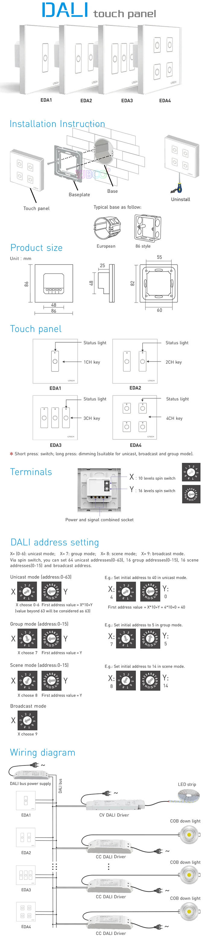 Description Picture 3 of itemDALI Touch Panel 86 style wall DIM CCT RGB RGBW Switch Controller Bus supply power;DALI Double Group Push Switch for LED Light
