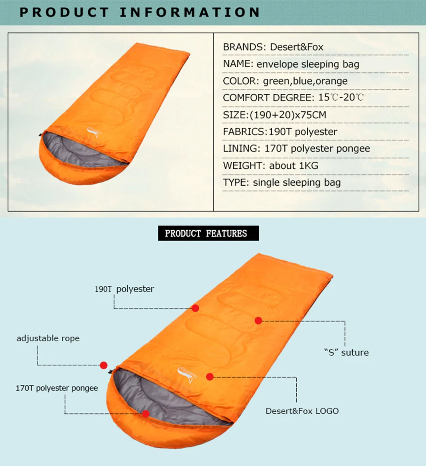 Description Picture 3 of itemDesert&Fox Ultralight Sleeping Bags for Adult Kids 1KG Portable 3 Season Hiking Camping Backpacking Sleeping Bag with Sack