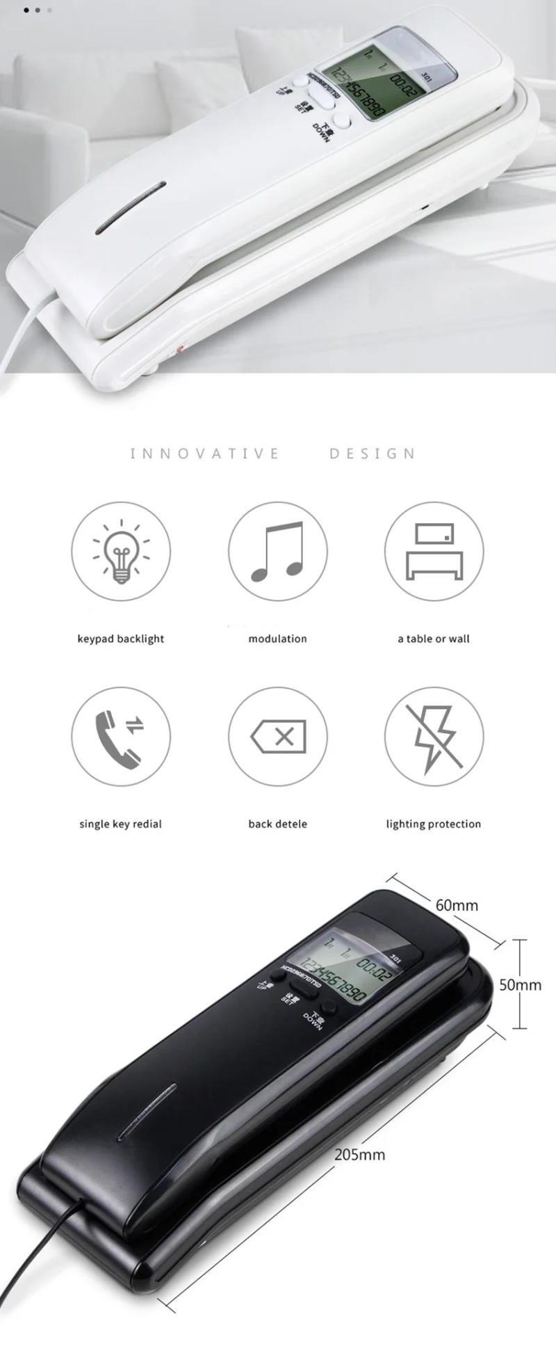 Description Picture 2 of itemTrimline Corded Phone with Dual LCD Display, Caller ID, Dual Systems, Adjustable Ringtone Volume Desk Wall Telephone for Home