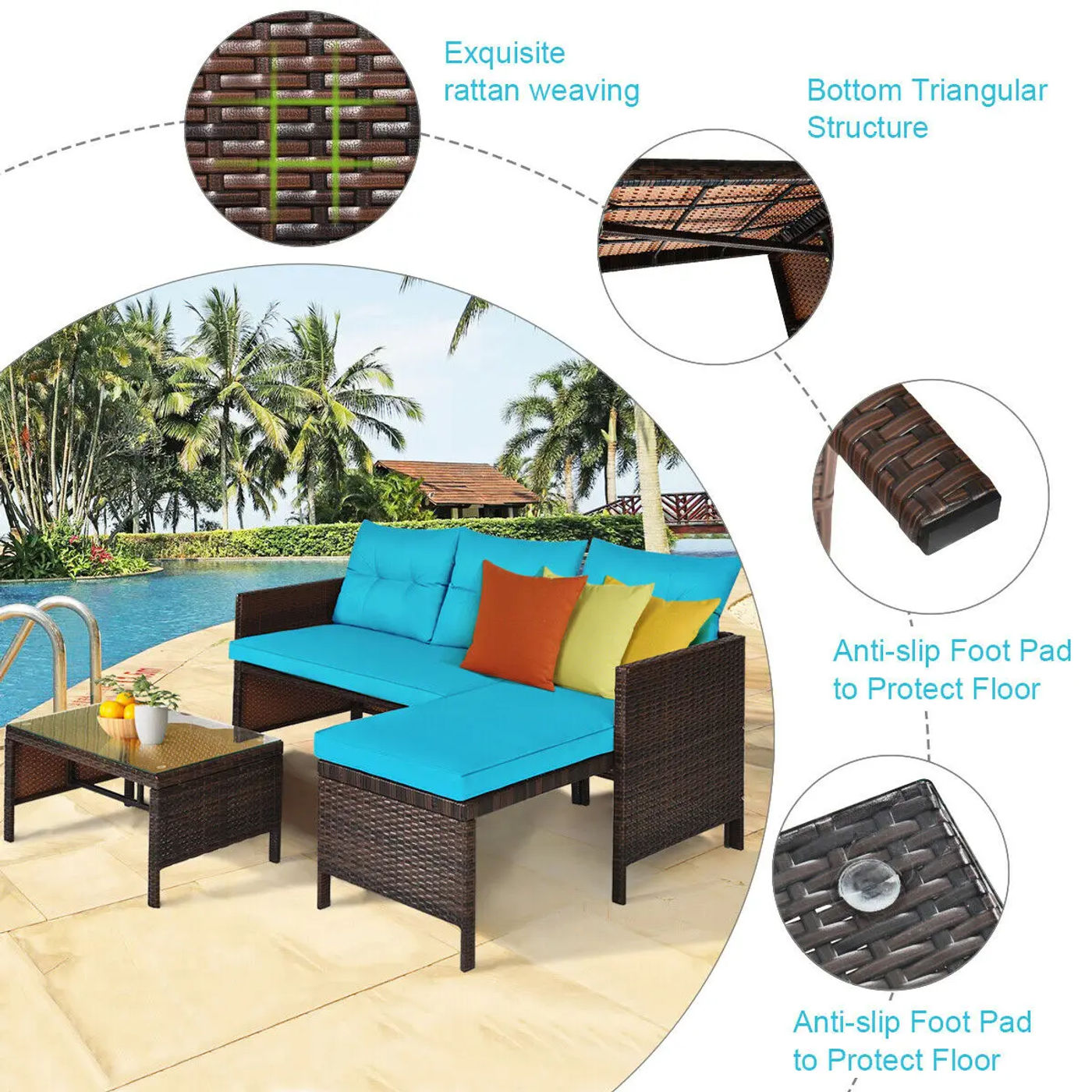 Description Picture 3 of itemCostway 3PCS Patio Wicker Rattan Sofa Set Outdoor Sectional Conversation Set Garden Lawn HW63870
