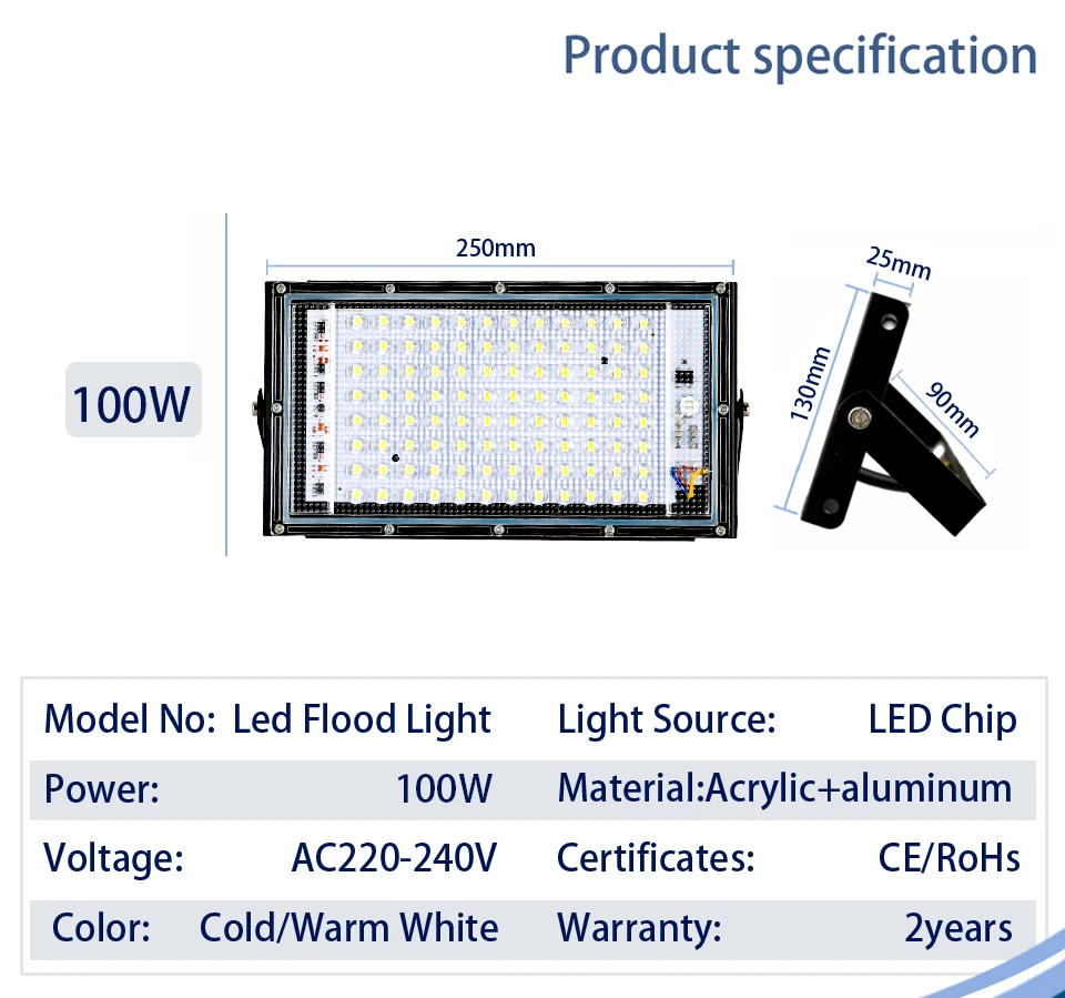 Description Picture 6 of itemLed Flood Light 100W AC 220V 230V 240V Outdoor Floodlight Spotlight IP65 Waterproof LED Street Lamp Landscape Lighting