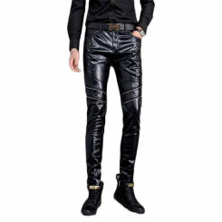 Idopy Men`s Faux Leather Pants Black Punk Style Skinny Party Stage Performance Steampunk Fake PU Casual Trousers For Mal