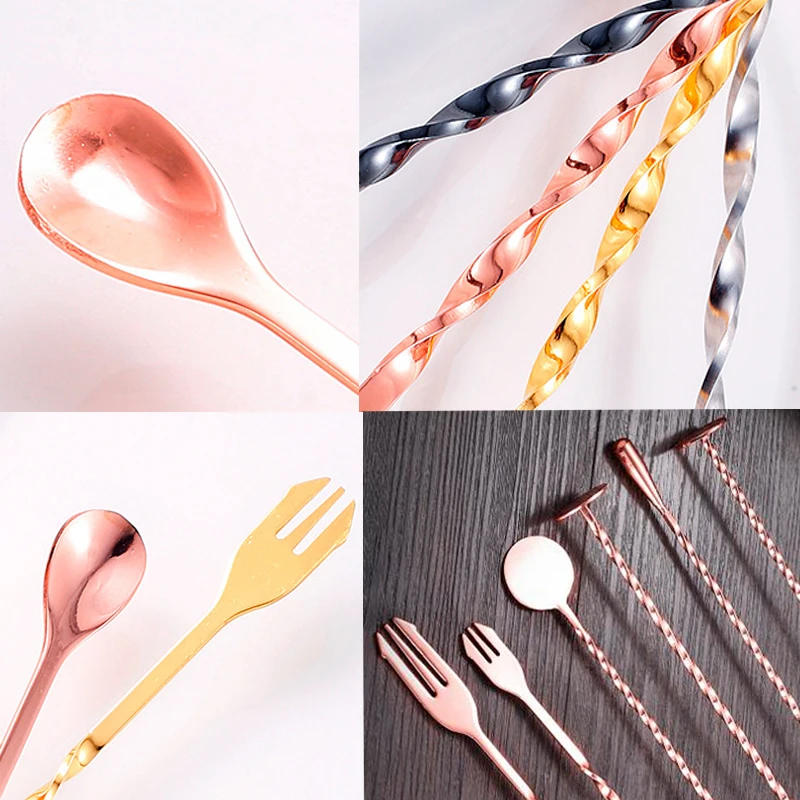 Description Picture 6 of itemRose Gold Black Sliver Muddler Sticks Spoon Srtainer Stainless Steel Ice Cocktail Stick Fruit Bar Tools Wine Tools
