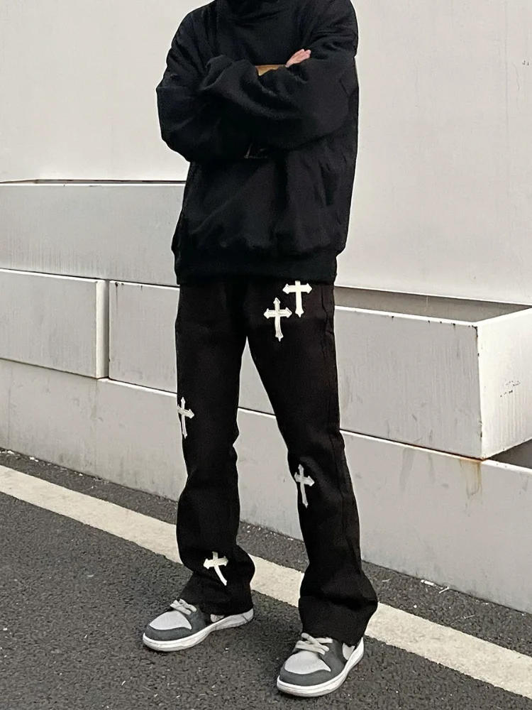 Description Picture 3 of itemStreetwear Flared Cross Jeans Men and Women Street Tide Brand Straight Loose Wide Leg Pants Casual Trousers  Cargo Pants Women