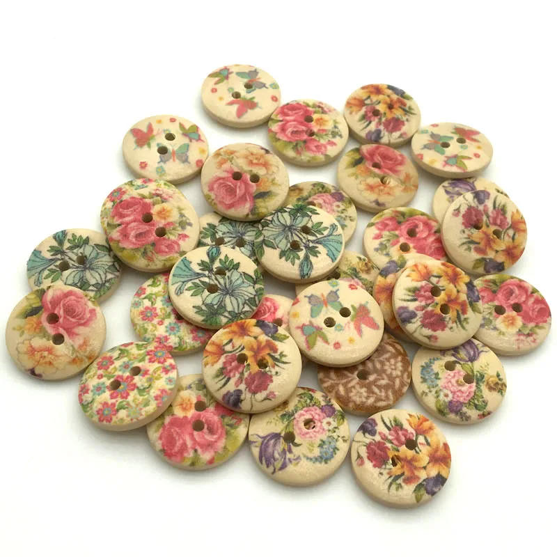 Description Picture 3 of item50PCS/Lot 18mm Mixed Flowers Pattern 2-holes Round Wooden Buttons For Sewing Clothing Scrapbooking Crafts Home Decor SC063