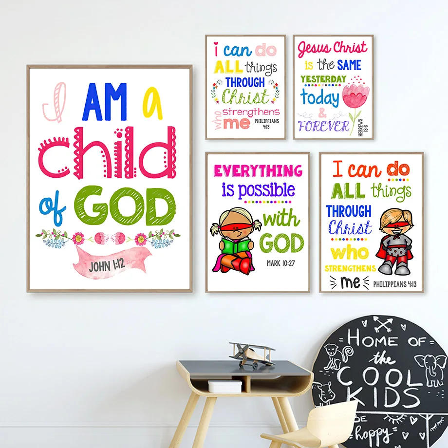 Description Picture 4 of itemKids Bible Verses Christian Church Scripture Wall Art Canvas Painting Nordic Poster And Print Pictures Child Room Home Decor