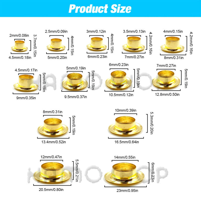 Description Picture 3 of item100set Gold Color Metal Eyelet Grommets With Eyelet Punch Die Tool Set For Leathercraft DIY Clothing Shoes Belt Bag Accessories