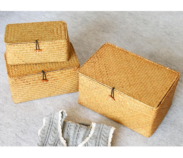 Description Picture 5 of itemHandmade Seagrass Woven Storage Box Seaweed Storage Finishing Basket with Lid Sundry Bath Cosmetic Towel Container mx01161829