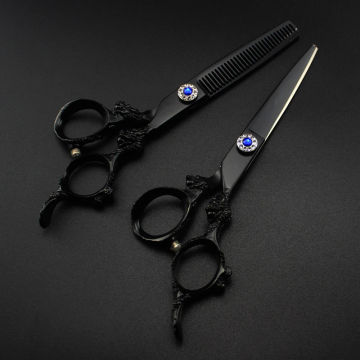 professional Japan 440c 6 '' black dragon hair cutting scissors haircut thinning barber haircutting shears Hairdresser scissors