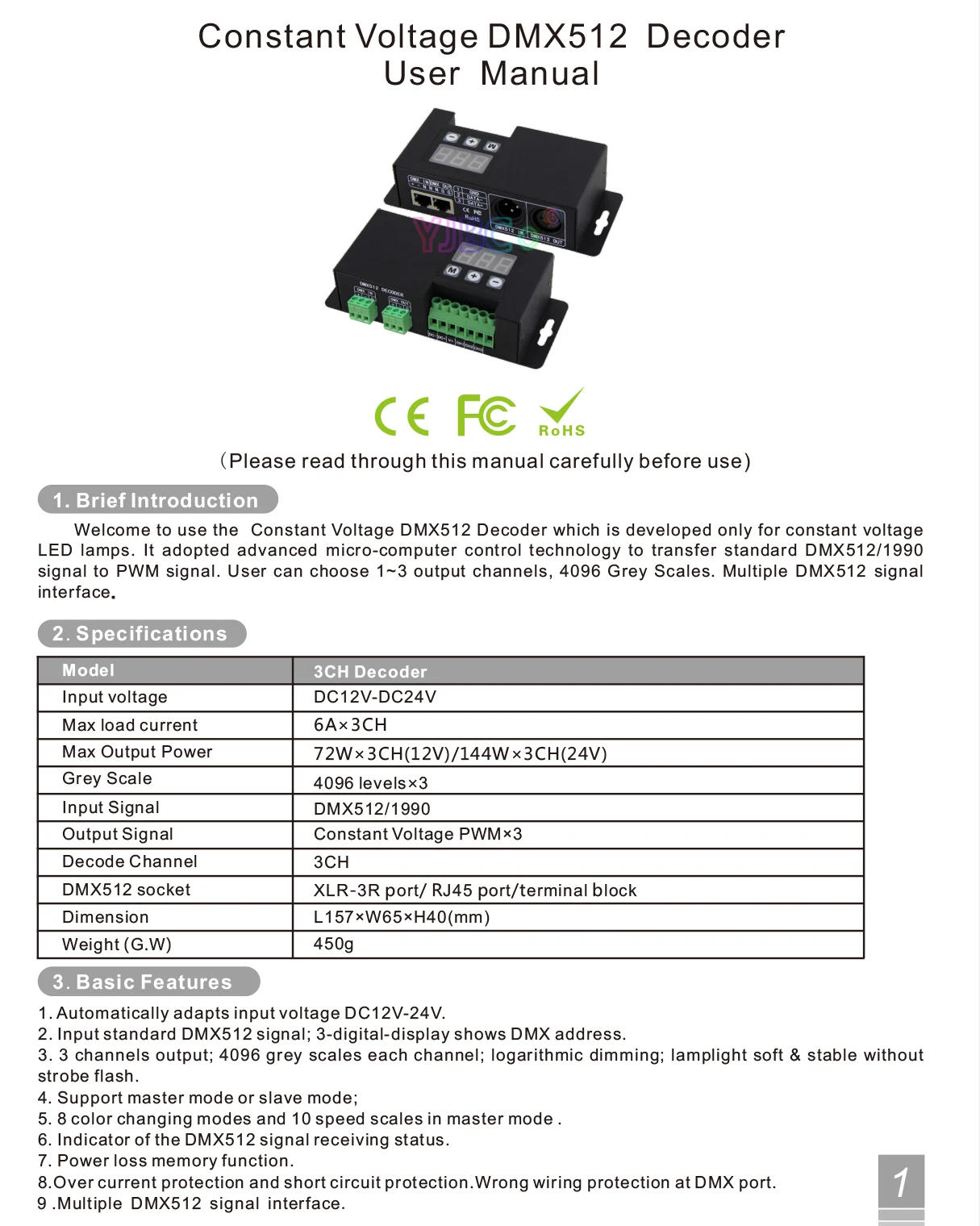 Description Picture 3 of itemBincolor 12V-24V CV PWM DMX512/1990 Signal Decoder BC-853 DMX RGB LED Strip Controller 6A*3CH Output Dimmer For RGB Lights Tape