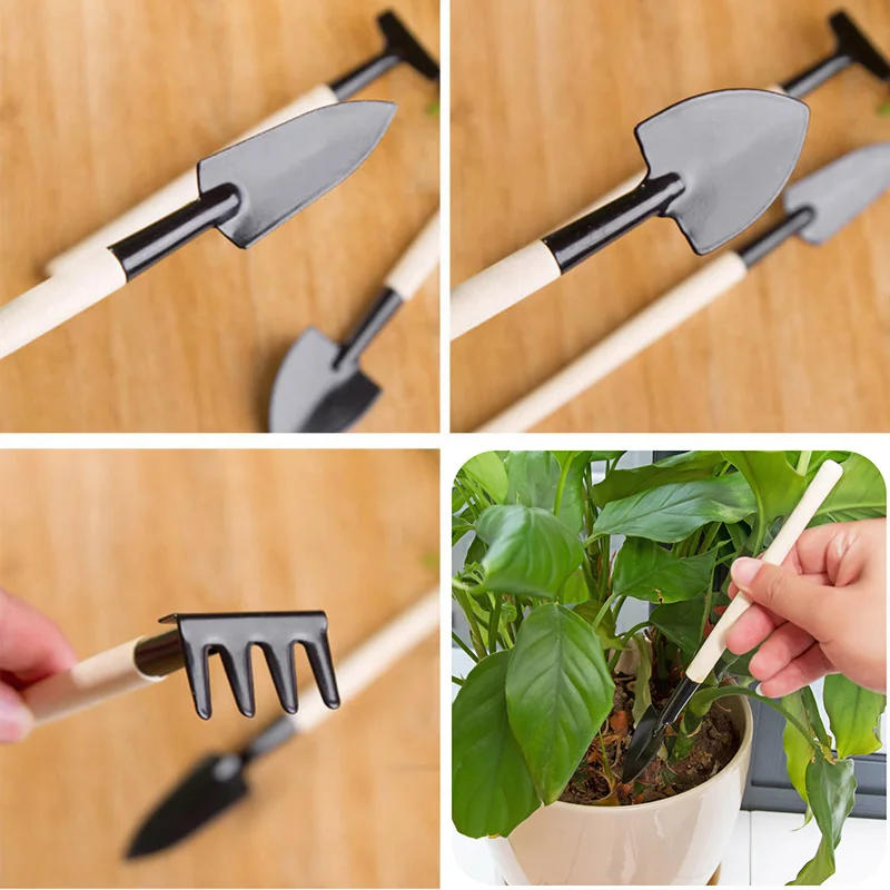 Description Picture 3 of item3pcs/set Mini Shovel Rake Set Wooden Handle Metal Head Shovel For Flowers Potted Plants Mini Garden Tool Seed Disseminators