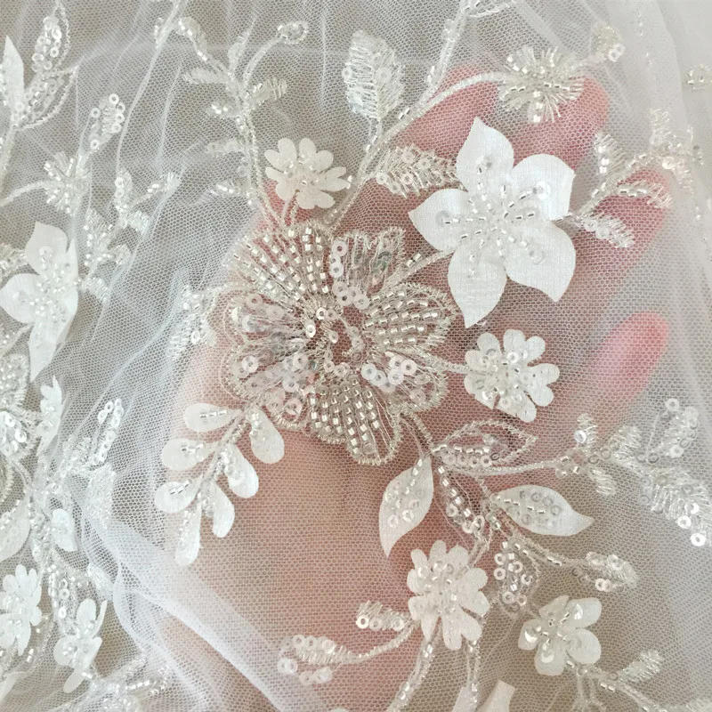 Description Picture 4 of item4Color Luxury Beaded Applique Bridal Lace Fabric Silver Embroidery Flowers and Leaves Sequins High-end Dress Fabric Lace RS3792