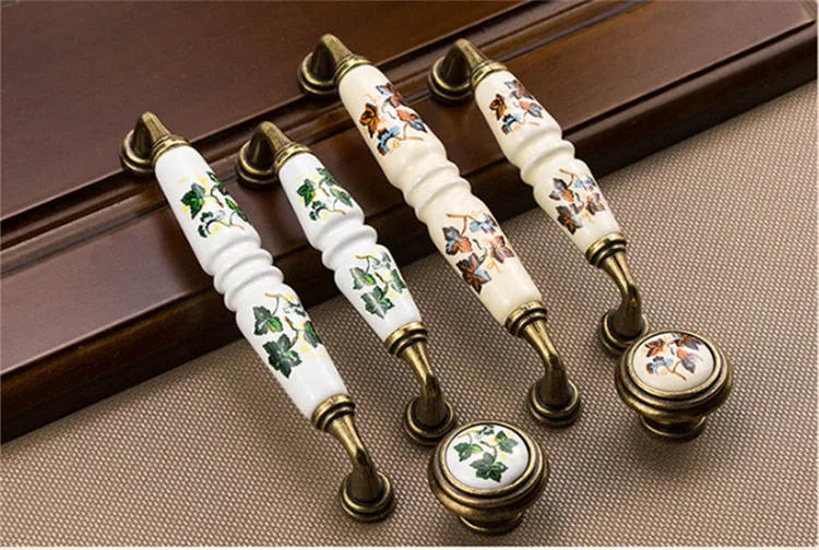 Description Picture 5 of item1PCS Vintage Rural Ceramic Drawer Cupboard Door Handles Green/Red Leaves Cabinet Pulls Dresser Kitchen Pull Knobs For Furniture